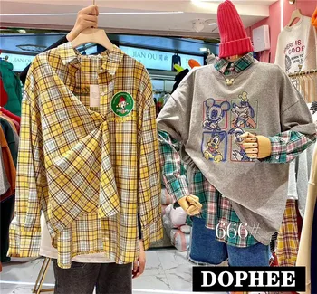 

2020 New Spring Long-sleeved Shirt Women's Korean Loose Plaid Blouse Cartoon Print Female Students Blusas Tops