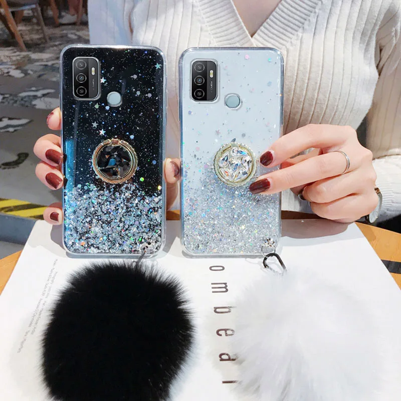 

A9 2020 Glitter Case For OPPO Reno 4 3 Pro Realme X50 6 5 C12 C11 A53 A39 A57 Ace 3D Diamond Holder Stand Glitter Hairball Cases