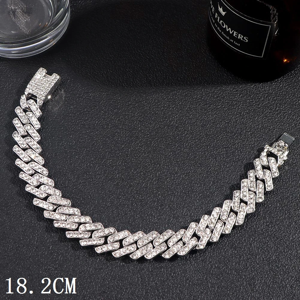 New Fashion Luxury 12mm Iced Out Cuban Link Chain Bracelet for Women Men Gold Silver Color Bling Rhinestone Bracelet Jewelry 