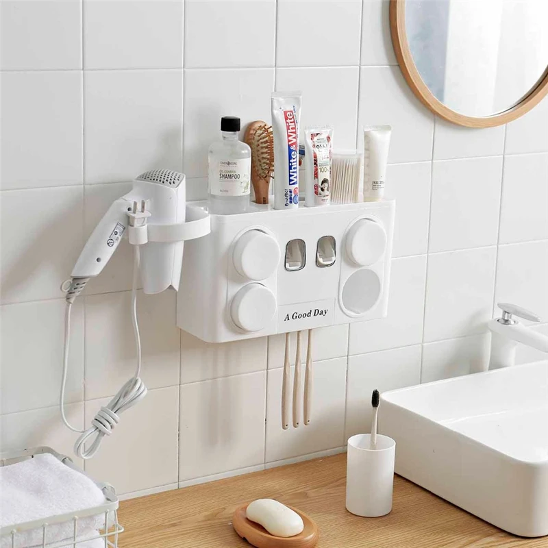 1 шт. многофункциональный автоматический дозатор зубной пасты для ванной комнаты с присоской, держатели для хранения зубных щеток, настенные полки для сушки волос
