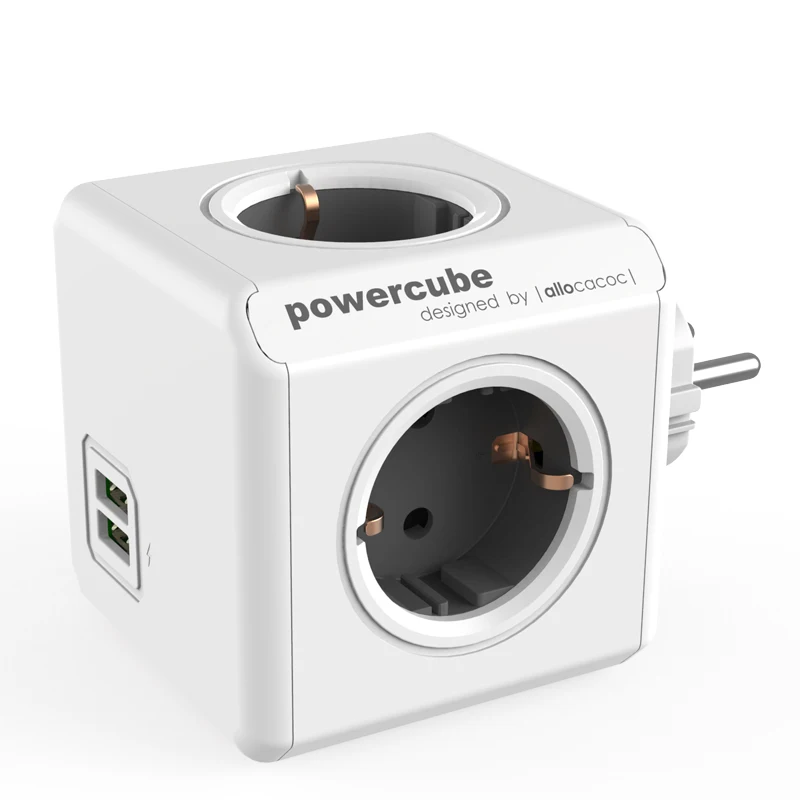 Розетка Allocacoc power Cube, 4 выхода, два выхода USB порта, 2,1 А, 5 В, штепсельная вилка европейского стандарта, 250 В, 16А, 3680 Вт, заземленная для дома и школы - Цвет: gray