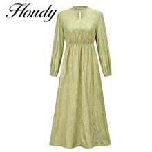 

2022 Dress Women Summer Light Green Polka Dot High Waist Long Sleeve A Neck Pleated Lantern Long Sleeve Sweet Elegant Long Dress