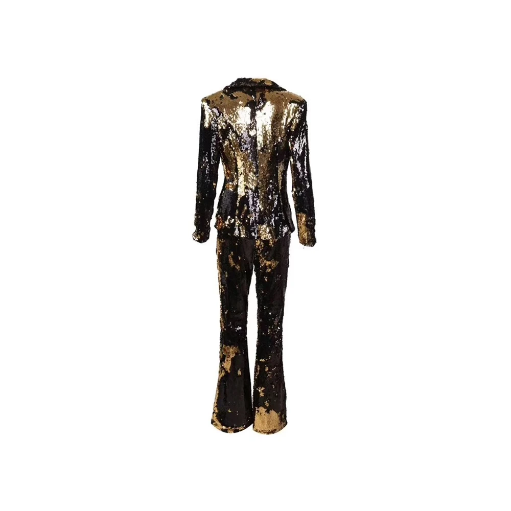 Для женщин золотые блестки, куртки и штанов для девочек с длинными рукавами в стиле пэчворк; Модный комплект из двух костюм из 2 предметов в стиле знаменитостей вечерние Повседневное