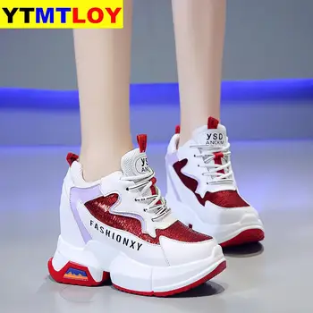 

2020 Women's Platform Wedge Shoes 10cm High Heel Increasing Ladies Casual Shoes Mesh Breathable Quality Woman Chunky Sneakers