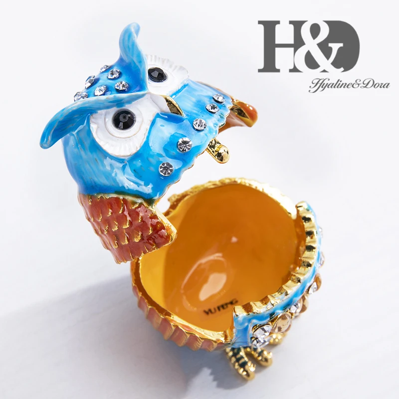 H&D 3 style Hand-Painted Metal Owl Figurine Enamel Trinket Boxes Jewelry Collectible Box Christmas Gift Home Decorative Ornament