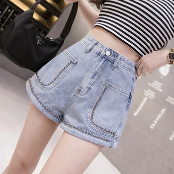 

COIGARSAM Fashion Denim New Casual Rivet Women Shorts Blue 6695