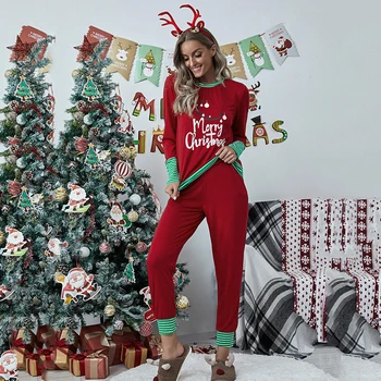 

Christmas Women Pajamas Set Cotton Sleepwear Long Lattice Pants Xmas Print Long Sleeve T-shirt Pyjamas Women Clothes Winter 2020
