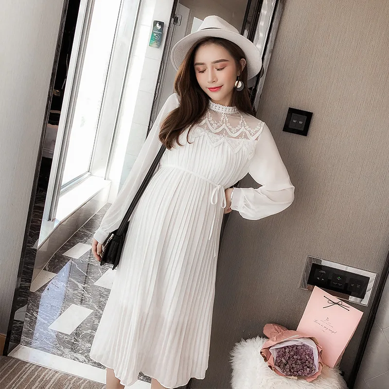 Envsoll Spring Autumn Maternity Dress Mom Long-sleeved Lace Pleated Chiffon Dress Maternity Clothes For Pregnant Women - Цвет: Белый