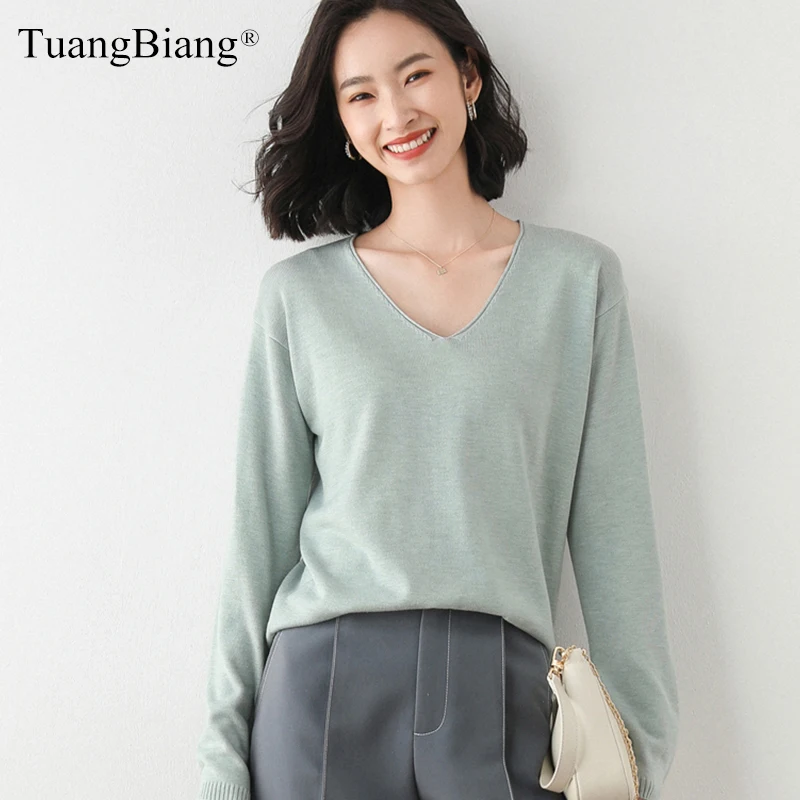 

V-Neck Drop-Shoulder Wool Women Solid Color Pullovers 2020 Elasticity Autumn Winter Sweaters Minimalist Female Loose Knit Tops