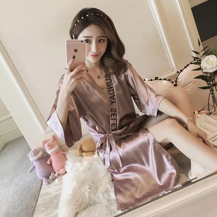 

Lavender Model Silk Nightgown Women's Summer Half Sleeve Loose-Fit Sexy Embroidery Bandage Cloth Pajamas Bathrobe Morning Gowns