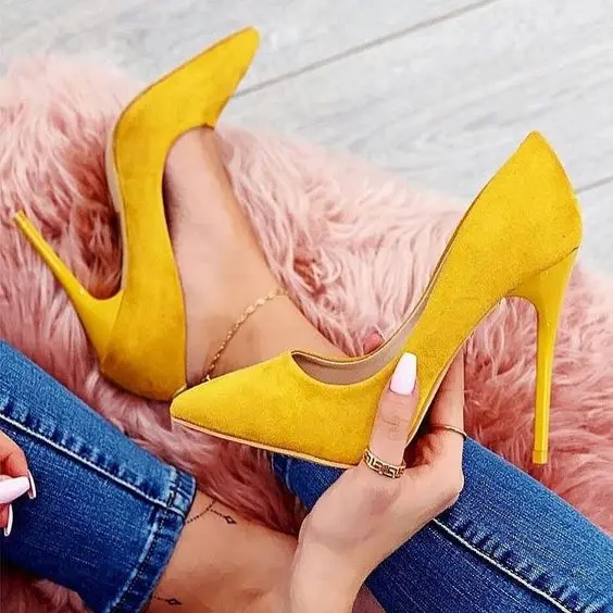 Sexy Women High Heel Shoes Lemon Yellow Stilettos Pointed Toe Thin Pumps For Party Plus Size 45 46 | Обувь