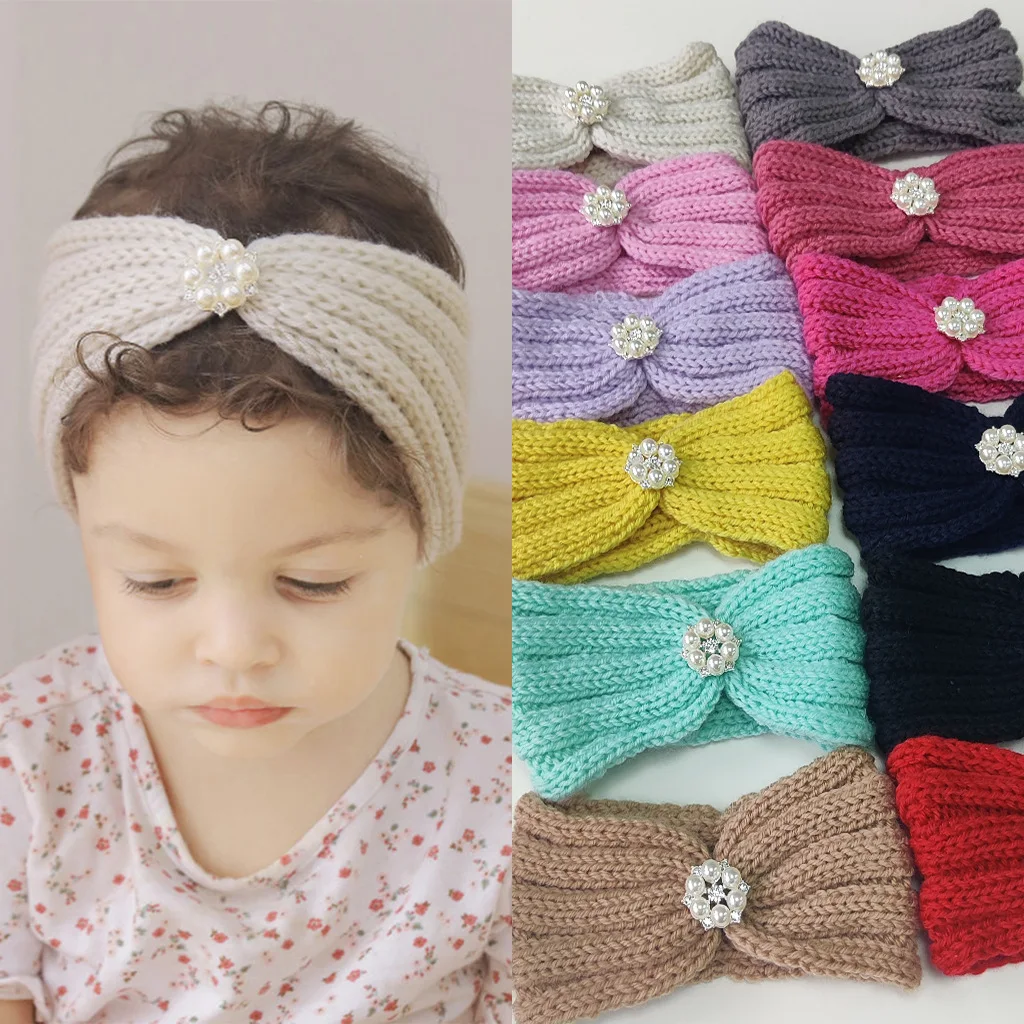 Baby Girls Wool Knitted Headband with Rhinestone Cross Headband For