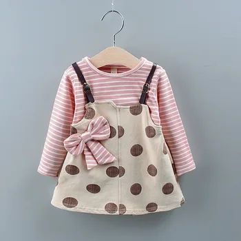 

Kids Wear 2020New Girls' Dress Stripes Pin-up Dots Fake Two Pieces Cute Sweet Bowknot Long Sleeve Children's Skirt