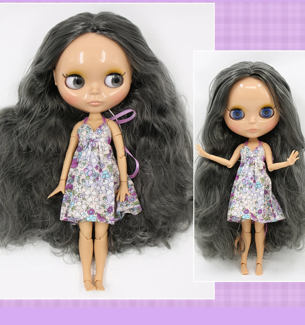 Neo Blythe Doll with Silver Hair, Tan Skin, Shiny Cute Face & Custom Jointed Body 2