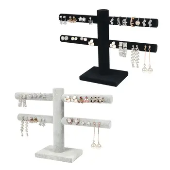 

2 Tier Velvet T-Bar Jewelry Display Tower Stand Earring Thin Rod Storage Holder
