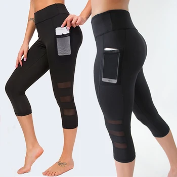 

High Waist Fitness Leggings Women Capri Workout Leggings with Pockets Mesh Patchwork Gym Sport Pants Jeggings Running Trousers