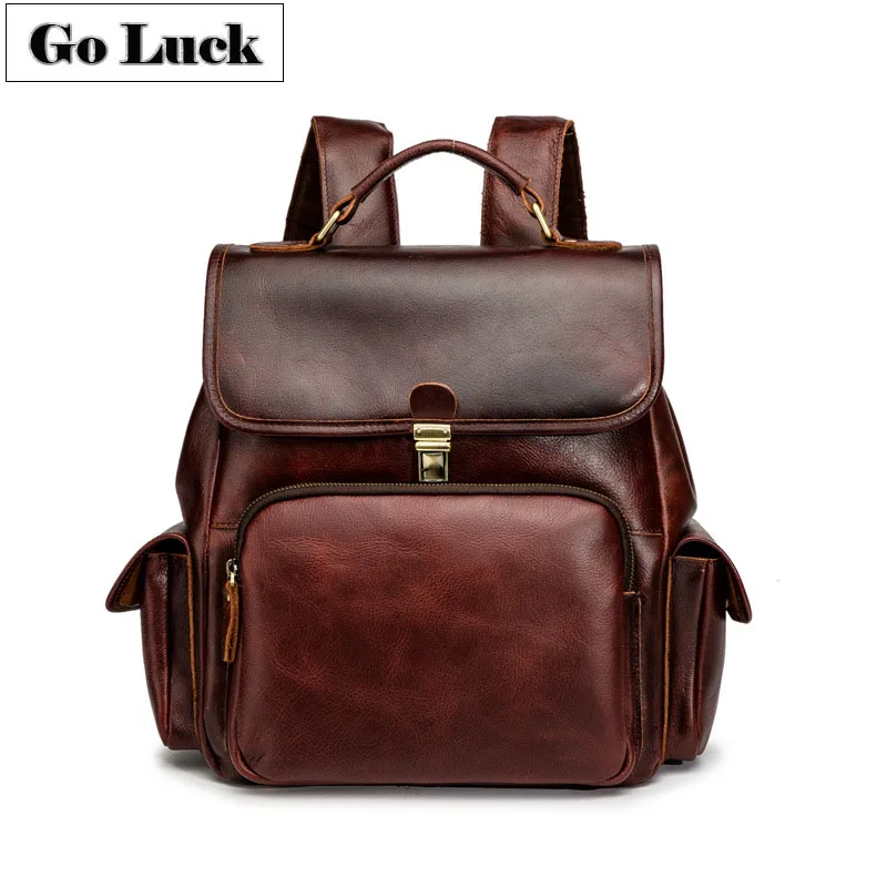

GO-LUCK Brand Genuine Leather Handmade Computer Backpack Men Women Double Shoulder Bag Unisex Casual Travel Day Packs