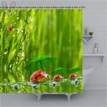 

Green Spring Bathroom Curtain Little Ladybugs With Umbrella Printed waterproof Shower Curtain Polyester Fabric Bath Shower Sets
