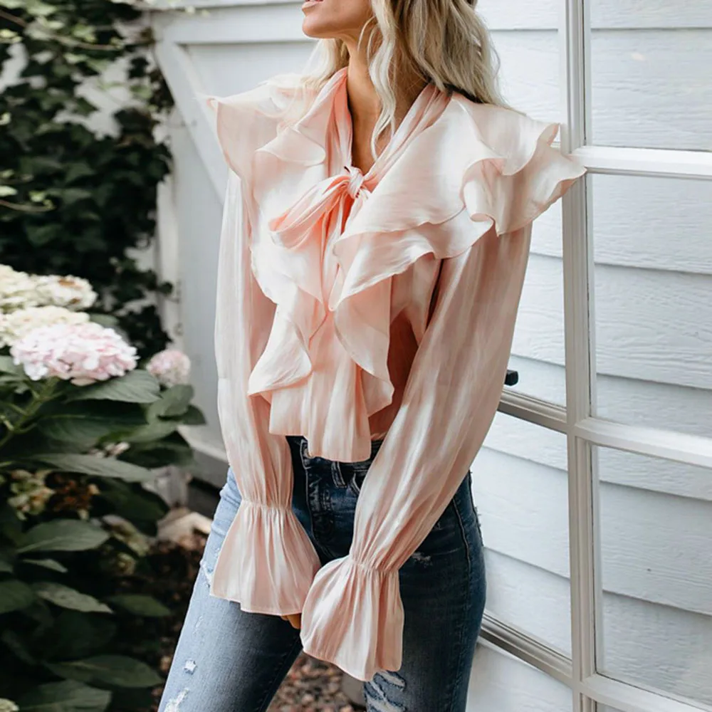 Spring New Sweet Female Pink Blouse Women's Solid Color Ruffle Stitching Long Sleeve Shirts Office Ladies Business Blouse