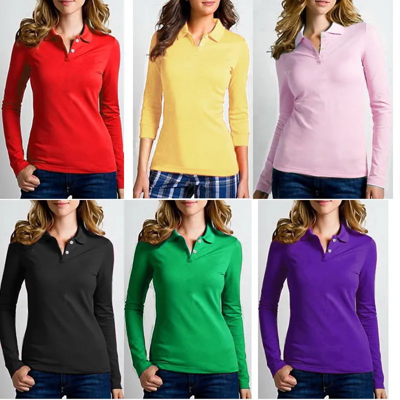 

High quality spring Autumn New womens Long sleeves Polo shirts casual womens lapel polos shirts cotton fashion womens slim tops