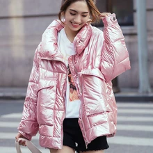Глянцевая зимняя куртка для женщин, плюс размер, парка с большим карманом, больше размера d, теплые парки, Женское пальто, уличная одежда с хлопковой подкладкой, верхняя одежда