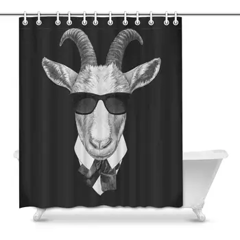 

Funny Goat in Suit with Sunglasses Hipster Animal House Decor Shower Curtain for Bathroom, Decorative Fabric Bath Curtain Set
