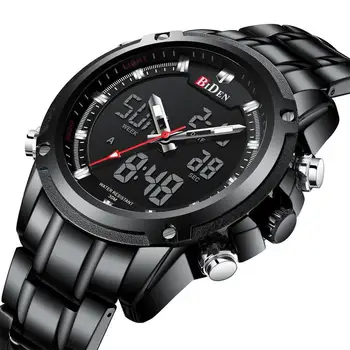 

BIDEN Dual Display Quartz Sport Digital Watch Men Waterproof Stainless Steel Military Watch Multiple Time Male Clock Watch