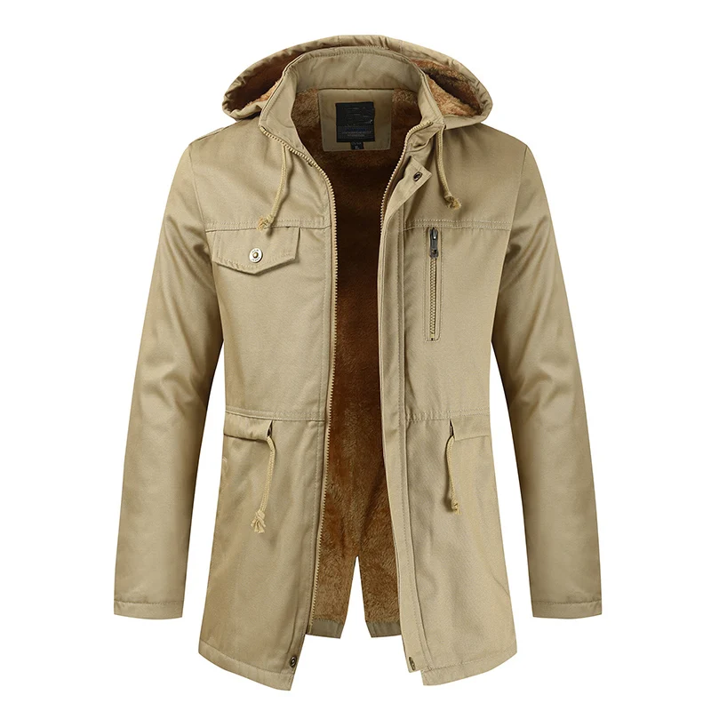 02 khaki Зимние мужские Новые однотонные куртки-кардиганы с капюшоном, мужские Модные Брендовые повседневные теплые хлопковые куртки с длинными рукавами, сохраняющие тепло мужские куртки - Цвет: 02 khaki