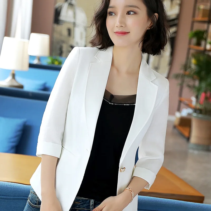 

White Cotton Linen Suit Jacket Women's Summer Thin 2019 New Style Flax Blazer Fashion Slim Fit Short-height