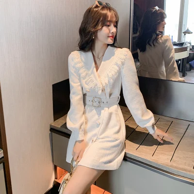 Women Winter Dress Coats 2020 White Fashion Buttons For Coat New Style Lapel Notched Lace Patchwork Office Lady Long Blazer