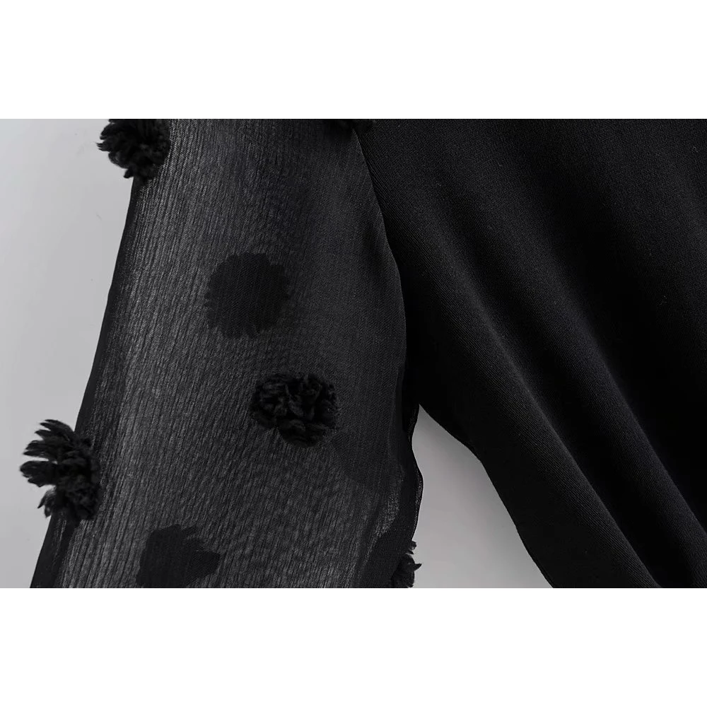 Винтажная Женская Черная кружевная прозрачная вязаная одежда с цветочным рисунком блузки модные элегантные женские пышные сетчатые рубашки женские Женские топы
