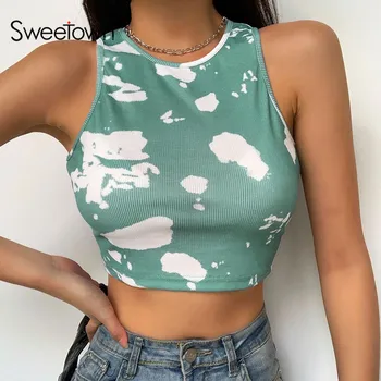 

Sweetown Casual Workout Tank Tops For Women Slim Basic Gym Clothing Tie Dye Print Cute Summer Bralette Crop Top Tees Harajuku