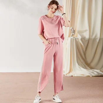 

Pant Suits Women Spring Summer 2020 Fashion Casual Beading Round Neck Half sleeve T Shirt + Elastic Waist Pants Female S-XL