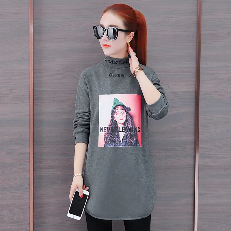 Women T-Shirt 2019 New Autumn Winter Fashion Print Character Splice Letter Half Turtleneck Long Sleeve OL Plus Thick Top |