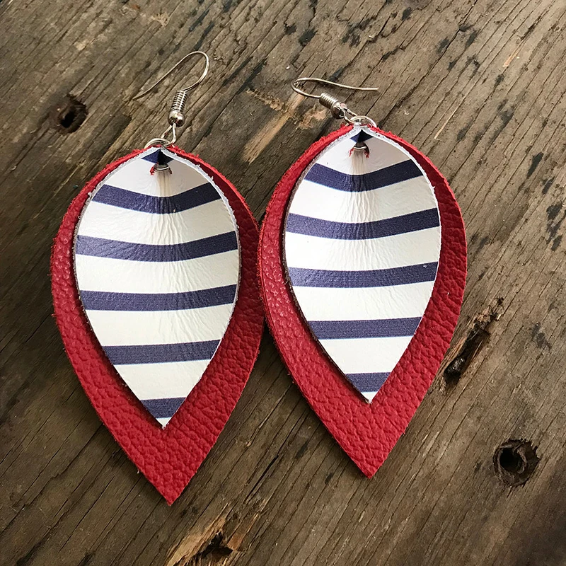 

Hot Sale Glitters Striped Double Layers Teardrop Big Leaf Earrings Multi-style Mustard Leather Stripes Water Drop Earrings 2019