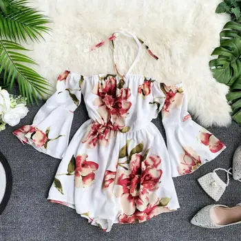 

holiday floral women rompers and playsuits slash neck flare sleeved short wide leg lady elegant short rompers top quality