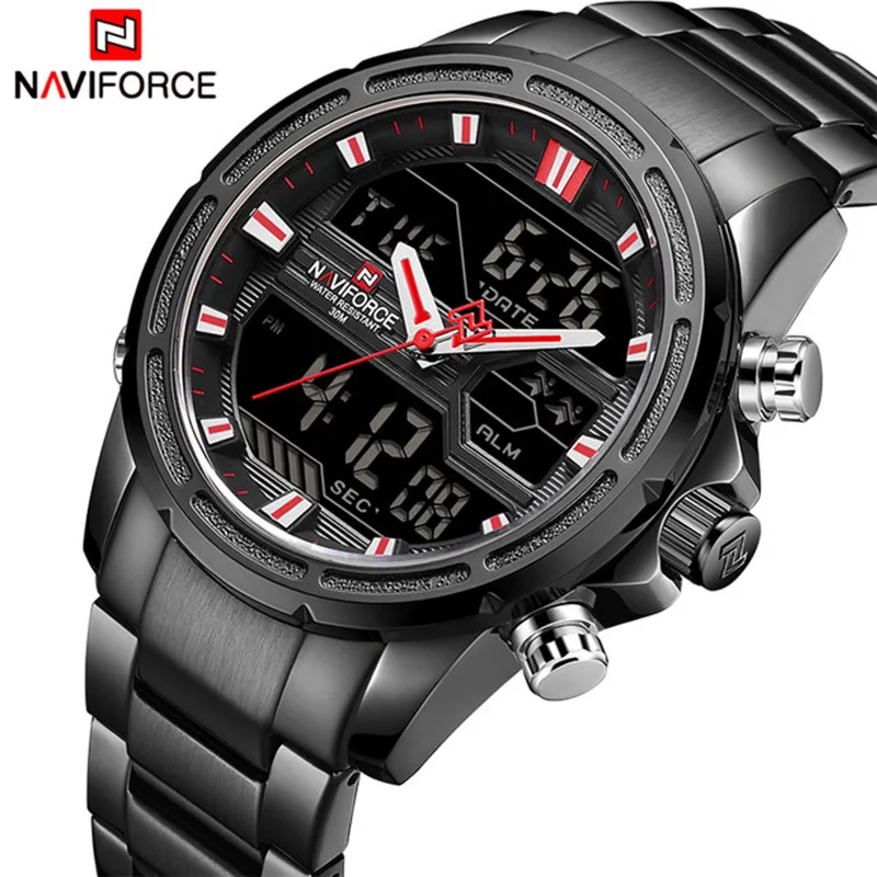Мужские часы Топ люксовый бренд NAVIFORCE мужские спортивные водонепроницаемые полностью Стальные наручные часы Мужские кварцевые цифровые часы Relogio Masculino