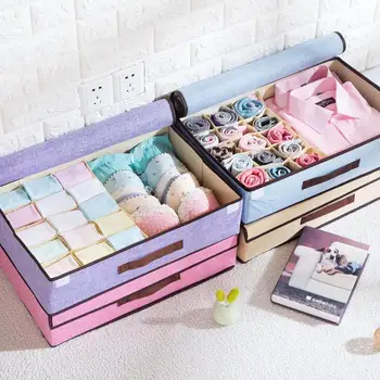 

Closet Organizer Underwear Storage Box with Lid Scarfs Drawer Dividers Socks Bra Underwear Organizer Cotton Linen Bin Case Boxes