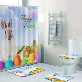 

Easter Household Rug 3D Digital Easter Rainbow Rabbit Ball Printed Shower Curtain Floor Mat Bathroom Base Mat Toilet Mats