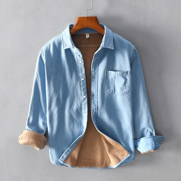light blue Осенняя и зимняя хлопковая джинсовая рубашка, мужские брендовые теплые рубашки, Мужская модная плотная бархатная рубашка для мужчин, повседневные рубашки для мужчин - Цвет: light blue
