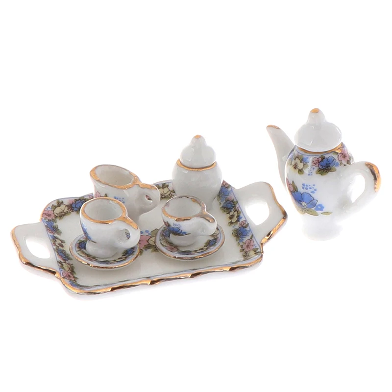 8Pcs Dollhouse Miniature Dining Ware Porcelain Tea Set Dish Cup Plate-White Purple Flower Pattern Doll House Furniture Toys