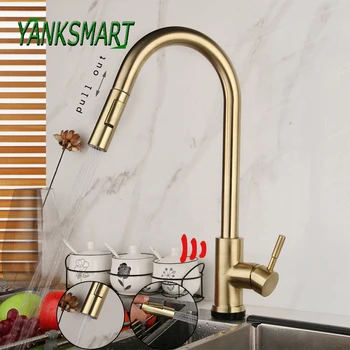 

YANSKAMRT Pull Down Brushed Gold Touch Kitchen Smart Sensor Faucet Cold And Hot Mixer Tap Deck Mounted Single Handle Faucets