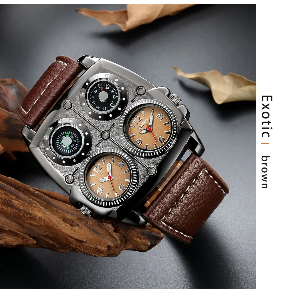 OULM 1140 Mens Watches Leather Strap Top Brand Luxury Sports Two Time Zone Big Dial Military Quartz Watch Men Relogio Masculino