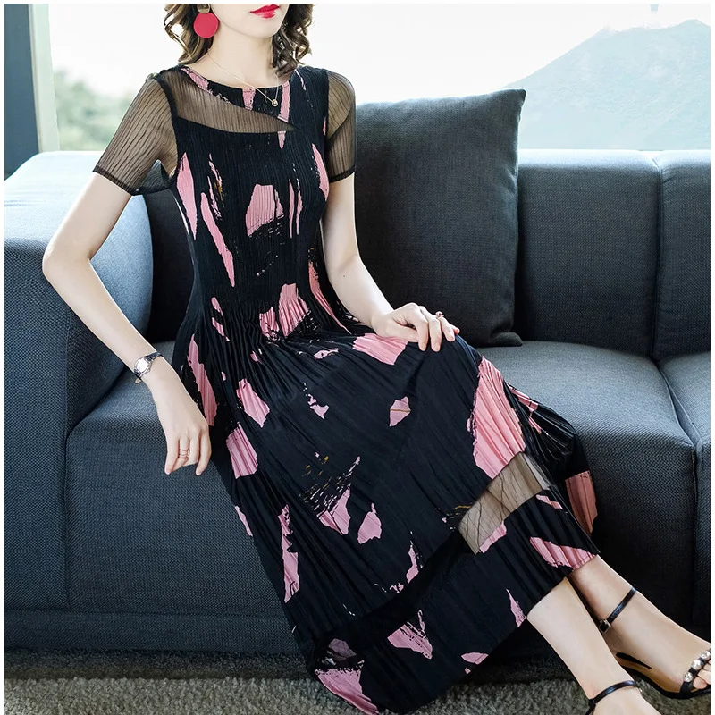 

Pleated Dress New Style Summer Elegant Gauze Joint Waist Hugging Slimming Printed over-the-Knee Mid-length Skirt