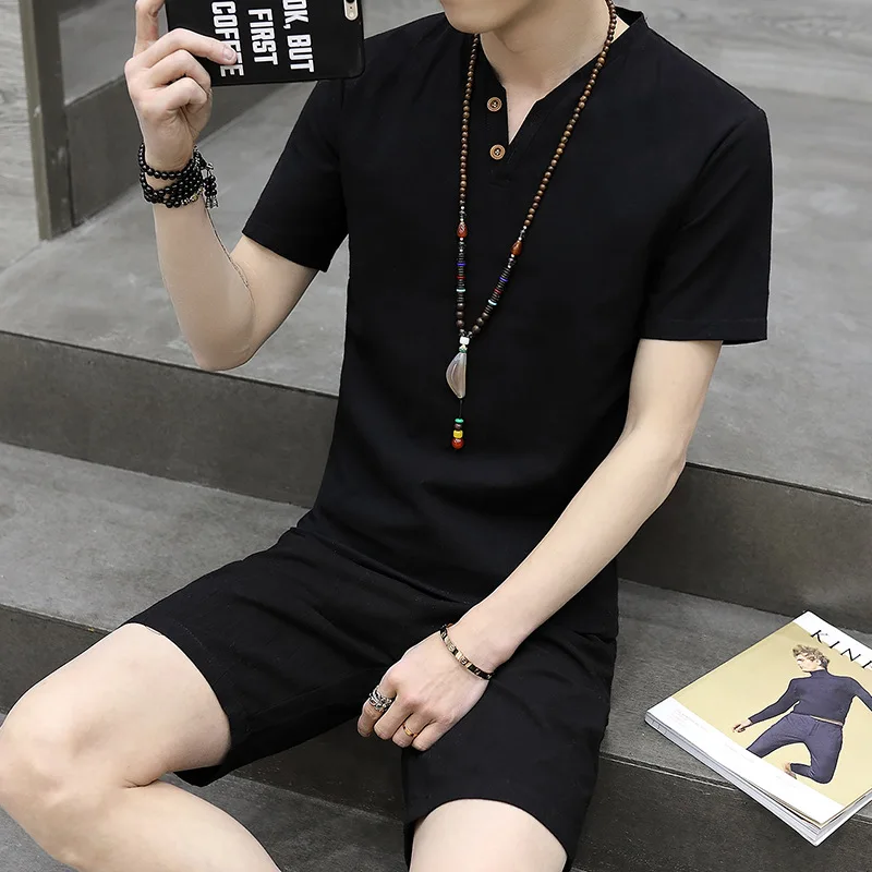 

Two Pieces-2019 Summer Chinese-style Faux Cotton Linen Short Sleeve T-shirt Suit Men Slim Fit National Trends Leisure Suit Men's