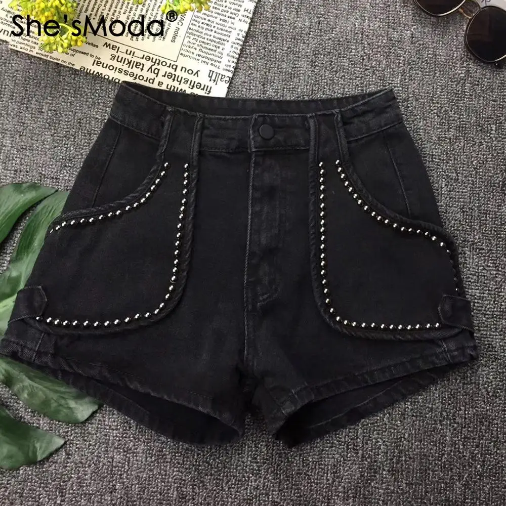 black rivets She'sModa джинсы с заклепками женские шорты с карманом - Цвет: black rivets