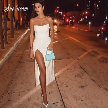 

Hot Sale 2020 New Fashion Women'S White Long Dress Sexy Strapless High Split Bodycon Bandage Dress Club Party Vestidoes