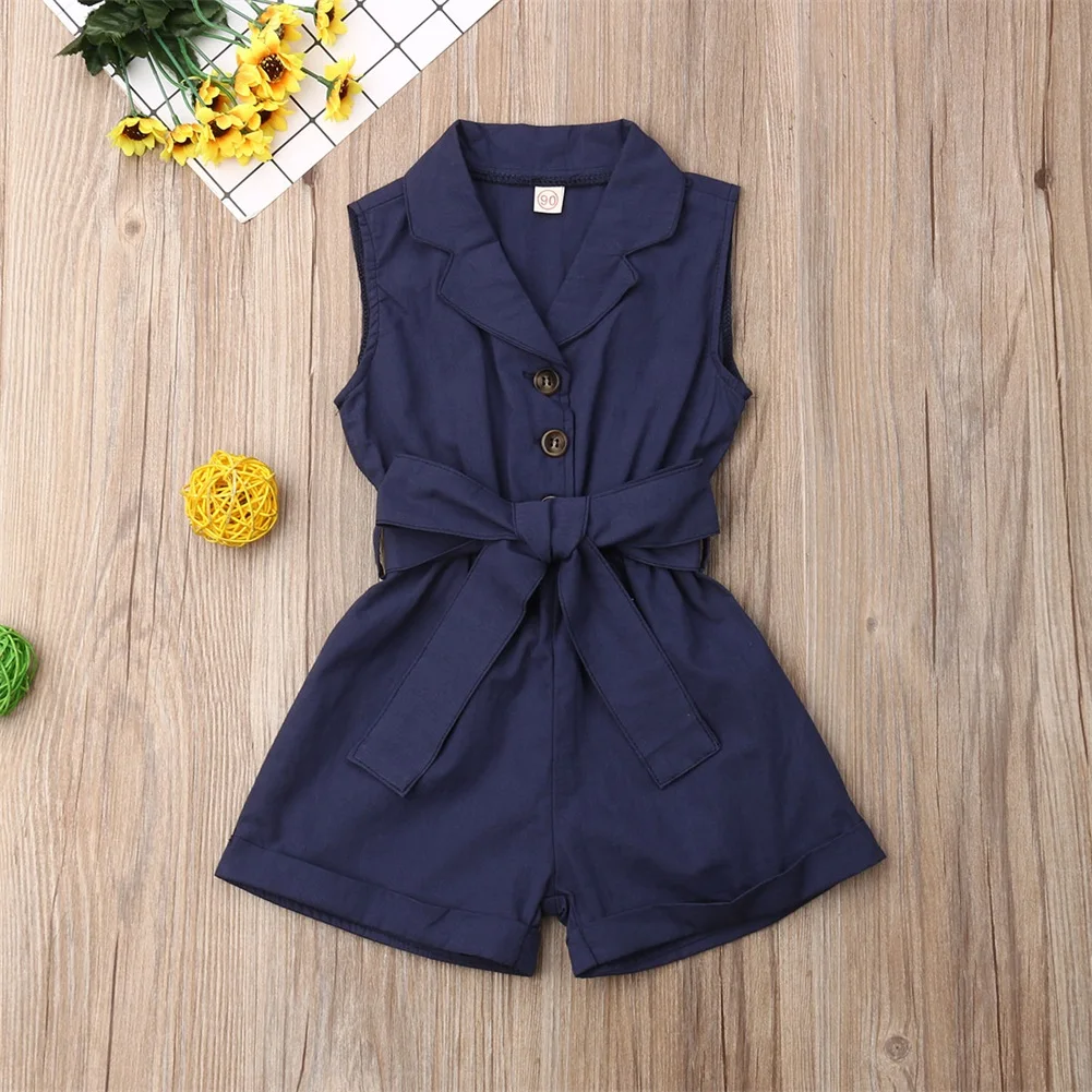 New Summer Kids Baby Girls Formal Clothes One-Pieces Sleeveless Button Bandage Romper Jumpsuit Overalls Outfits