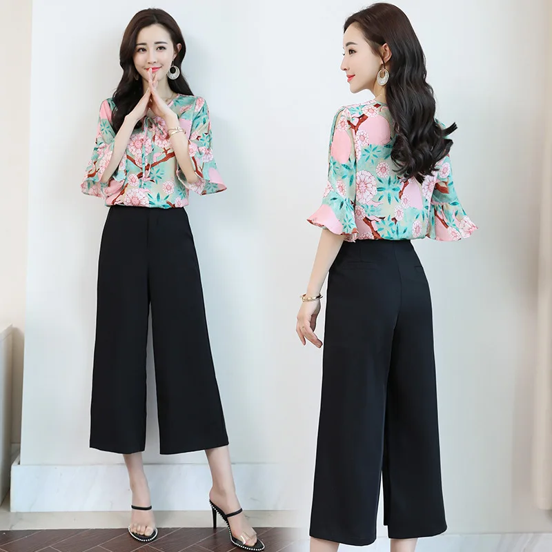 

Printed Shirt Short Culottes Two-Piece 2018 New Style Ladies' Bell Sleeve Loose-Fit Cover Belly Chiffon Blouse Set