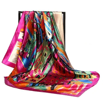 

Fashion Painting Print Neck Scarves For Women Sqaure Shawls Wraps Silk Satin Hijab Scarf Female 90cm*90cm Hair Scarfs For Ladies